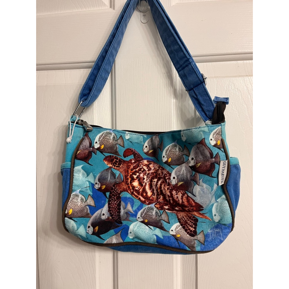 Unisex Guy Harvey Tropical Fish & Turtle Shoulder Bag Blue/Tan One Size